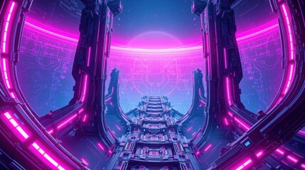Fototapeta premium Futuristic corridor glows with vibrant neon lights. Complex architecture suggests advanced technology, creating immersive space.