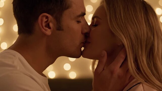 Romantic young couple sharing a tender kiss in a softly lit bedroom during an intimate moment of true love captured in high quality cinematic video footage