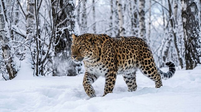 Amur Leopard walking through deep snow in a winter forest.