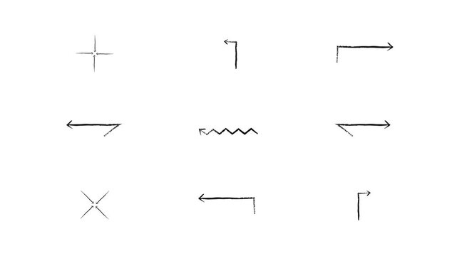 Angled and multidirectional animated grunge doodle arrows set. Freehand sketchy elements animation in rough brush stroke style. Simple hand drawn motion graphics. Distressed pointers 4K video pack