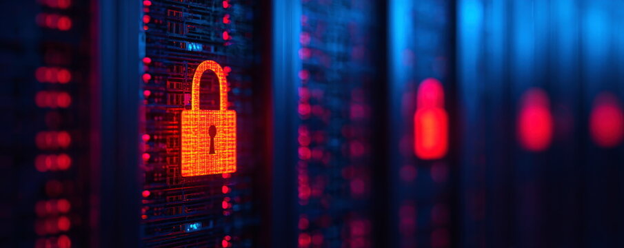 Data security padlock icon glowing on server rack hardware inside cloud computing center representing cybersecurity network protection and secure digital infrastructure