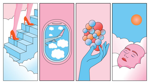 Surreal digital illustration set featuring a woman walking on stairs in clouds, airplane window view, hand holding colorful spheres, and a sleeping face dream in the sky