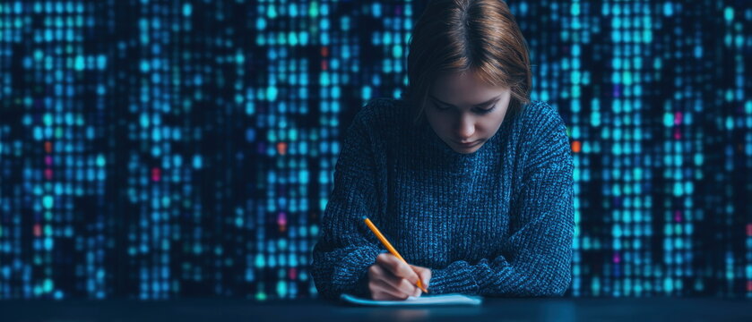 Young woman writing in notebook against glowing blue binary code background representing digital learning cybersecurity education and modern technology workflow