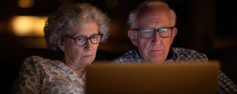Senior couple looking at laptop screen together in dark room at night representing online communication digital connection and modern home technology use
