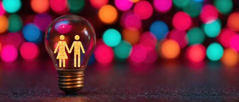 Man and woman silhouette inside glowing light bulb against colorful bokeh background representing human connection creativity and shared ideas