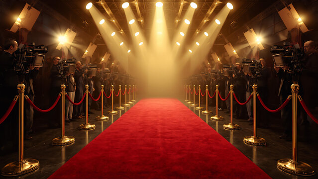 People walk down red carpet with gold barriers