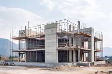 Obraz premium Building frame showing ongoing construction with concrete walls, pillars, and scaffolding