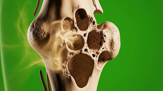 3D Detailed Model of Human Knee Joint Anatomy with Bone Structure and Porosity on Green Chroma Key Background for Medical Visuals