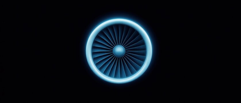 Front view of glowing blue jet engine turbine isolated on dark black background representing aerospace engineering aircraft propulsion and futuristic aviation technology