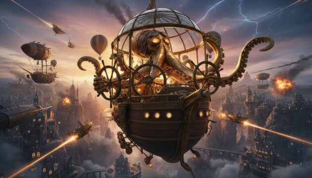 Cinematic adventure of a steampunk octopus navigating a thrilling aerial battle in a fantastical world