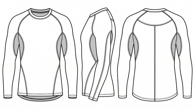 Technical drawing of a long sleeve sport t-shirt with raglan sleeves and side panels, front, side, and back views.