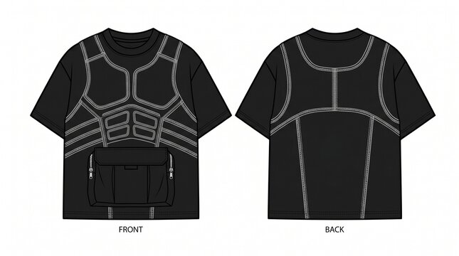 Technical drawing of a black tactical t-shirt with front pocket and contrasting stitching for fashion design and apparel illustration.