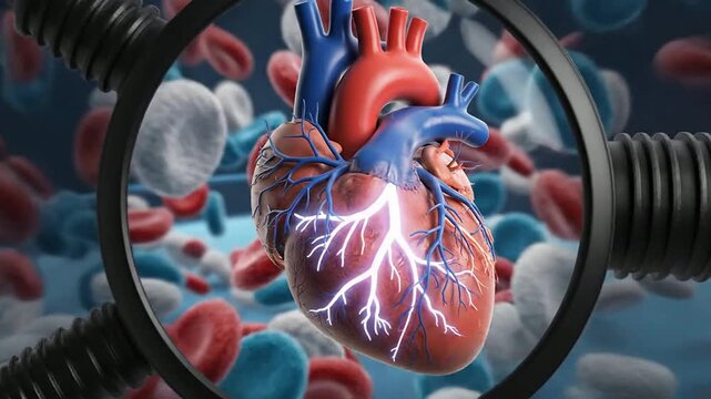 3D Illustration of a Human Heart Surrounded by Blood Cells with Electrical Activity in a Vibrant Medical-Themed Environment