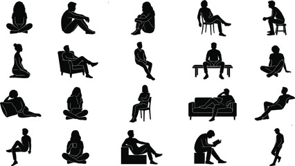 Obraz premium Black silhouettes of people in diverse seated and resting positions on chairs, benches, couches, and floor for design projects