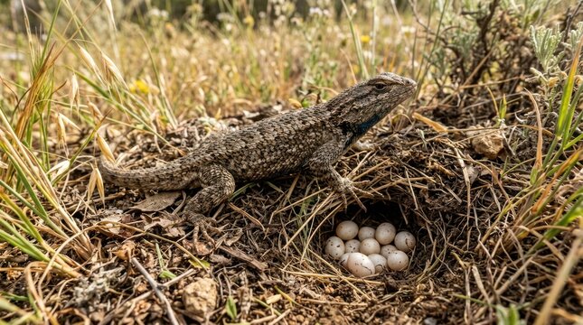 A lizard with eggs in a nest. The reptile concept of a lizard and the egg-laying behavior.