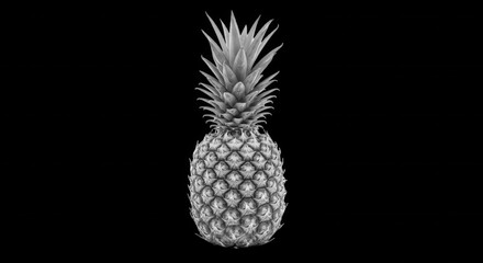 Obraz premium A single whole pineapple with textured skin and spiky green leaves, isolated against a solid black background, in monochrome grayscale