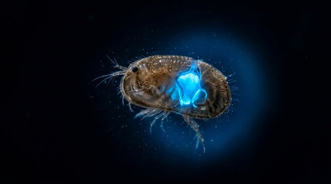 Bioluminescent marine crustacean glowing in the deep dark ocean.