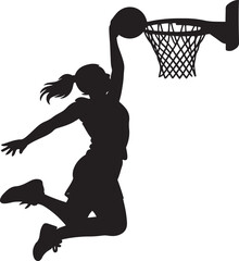 Female Basketball Player Slam Dunk Silhouette Vector, Woman Athlete Scoring Ball into Hoop, Basketball Action Sports Illustration on Transparent Background © Bilkis
