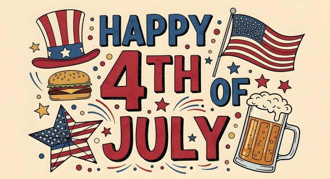 Happy 4th of july hand drawn doodle illustration with uncle sam hat, burger, beer, and american flag