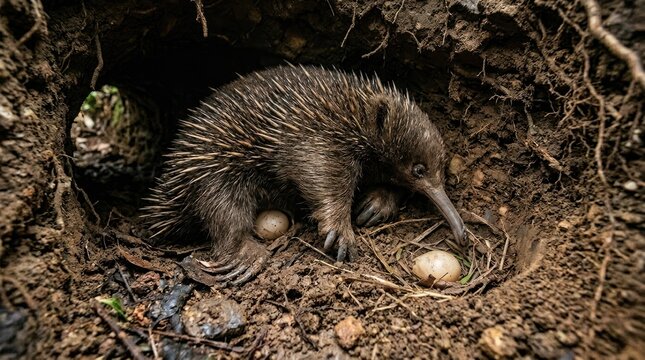 A short-beaked echidna with a clutch of eggs in its burrow.