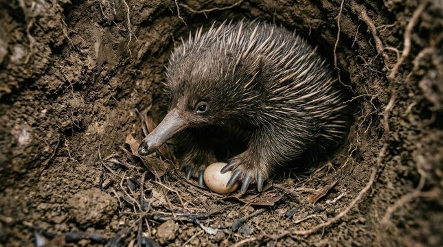 A small echidna emerging from its burrow with an egg in its mouth.
