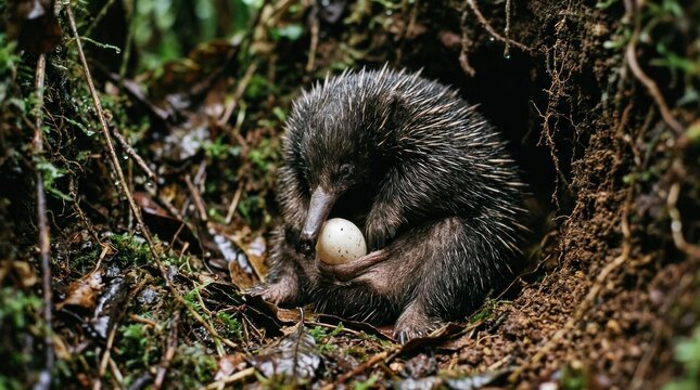 A small, spiky, grey creature with a white egg in its mouth, sitting in a forest setting.