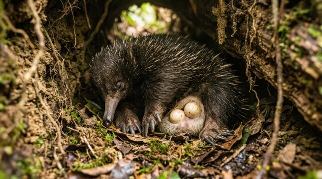 A small echidna with a nest of eggs in a forest setting.