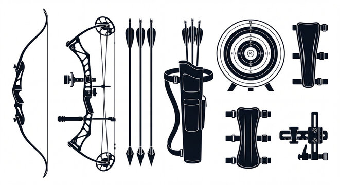 Seven Traditional and Modern Archery Equipment Compound Bow Recurve Arrow Quiver Target Arm Guard Rest Minimalist Black Silhouette Bundle for Archery Club Brand
