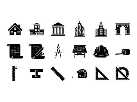 Architectural silhouette icons a collection of building designs and drafting tools