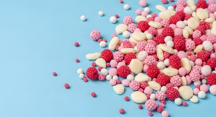Pile of red, pink, and white candy sprinkles on a light blue background