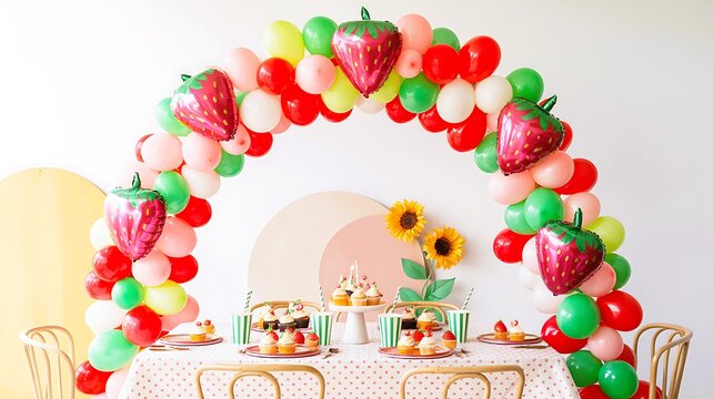 Strawberry themed birthday party decoration with balloon arch and cupcakes on a table
