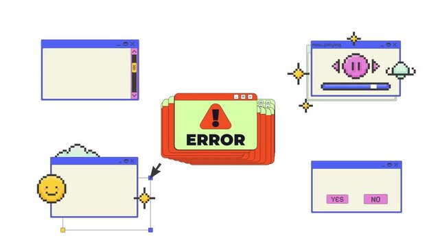 Nostalgic pixel art pop-up windows UI overlay animation set. Media player. Error alert. Confirmation dialog. Neubrutalism and blocky interface elements motion. Retro 8bit UX design 4K video collection