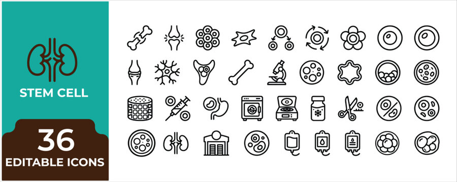 Modern Stem Cell Medical Laboratory and Biotechnology Editable Line Icons Bundle for Healthcare Science Research Cell Therapy and Biology Vector Applications