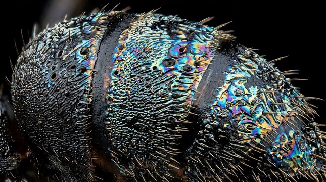 Extreme Macro Close Up of Iridescent Insect Abdomen Texture.
