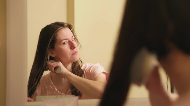Middle aged woman in pajamas carefully brushing her long, wet hair while looking at her reflection in the mirror, following her morning or evening personal hygiene and beauty routine