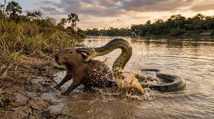 Green Anaconda Hunting a Capybara in South American River.