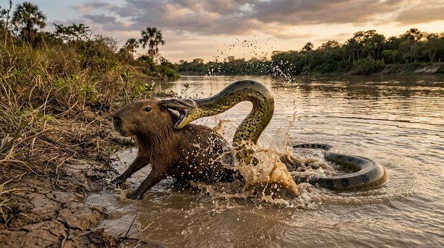 Green Anaconda Hunting a Capybara in South American River.
