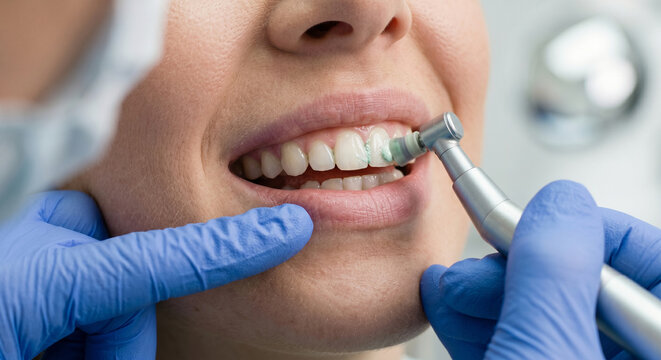 Faceless patient receiving professional teeth polishing with paste in clinic