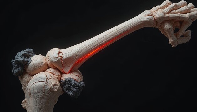 Fragmented human skeletal forearm bones feature a glowing red core against a dark background.