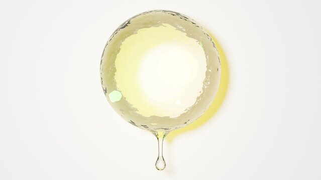 明るい背景に浮かぶ黄金色の大きな水滴と滴るしずくの3D抽象デザイン / 3D abstract design of a large golden water droplet and a dripping drop on bright background