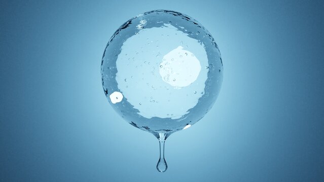 青い背景に浮かぶ透明な大きな泡と滴るしずくの3D抽象デザイン / 3D abstract design of a large transparent bubble and a dripping drop on blue background