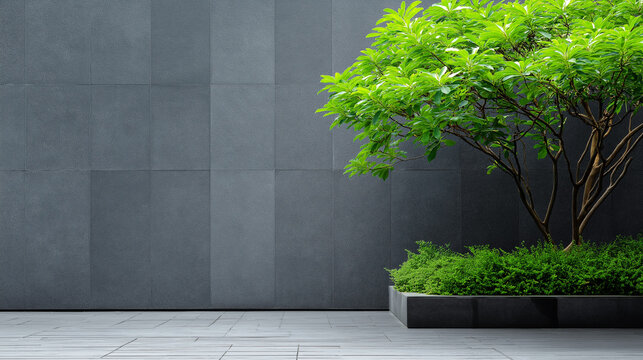 Modern grey stone wall background with green tropical tree in garden planter
