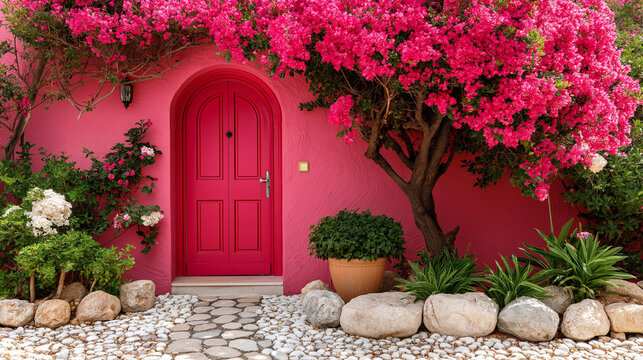 Minimalist pink house exterior with vibrant red door and blooming oleander tree in a modern zen mediterranean stone garden