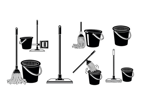 Cleaning tools silhouette collection mops buckets and brushes for household chores
