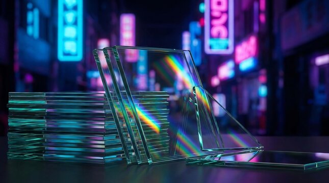 Neon lit city street with CDs.