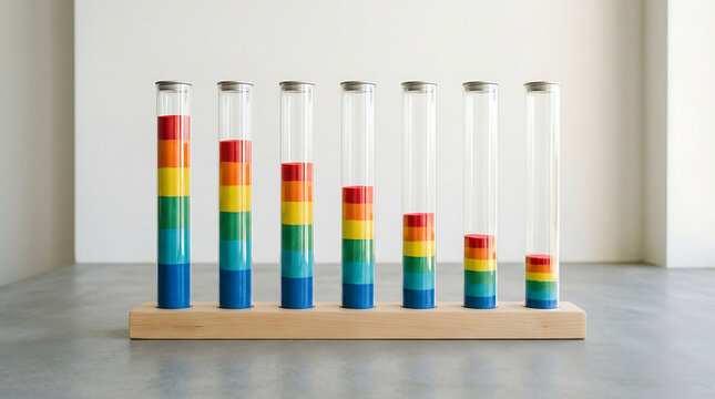 Rainbow sand timer display with wooden base colorful gradient levels