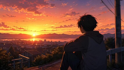Fototapeta premium Anime Boy Watching Golden Sunset Over City Illustration