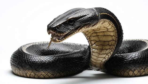 Fierce black snake with bared fangs strikes with its tongue flicking out.