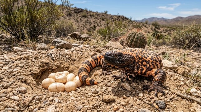 A Gila monster with its eggs in a burrow in the desert.