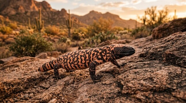 A Gila monster on a rocky outcrop in the desert.